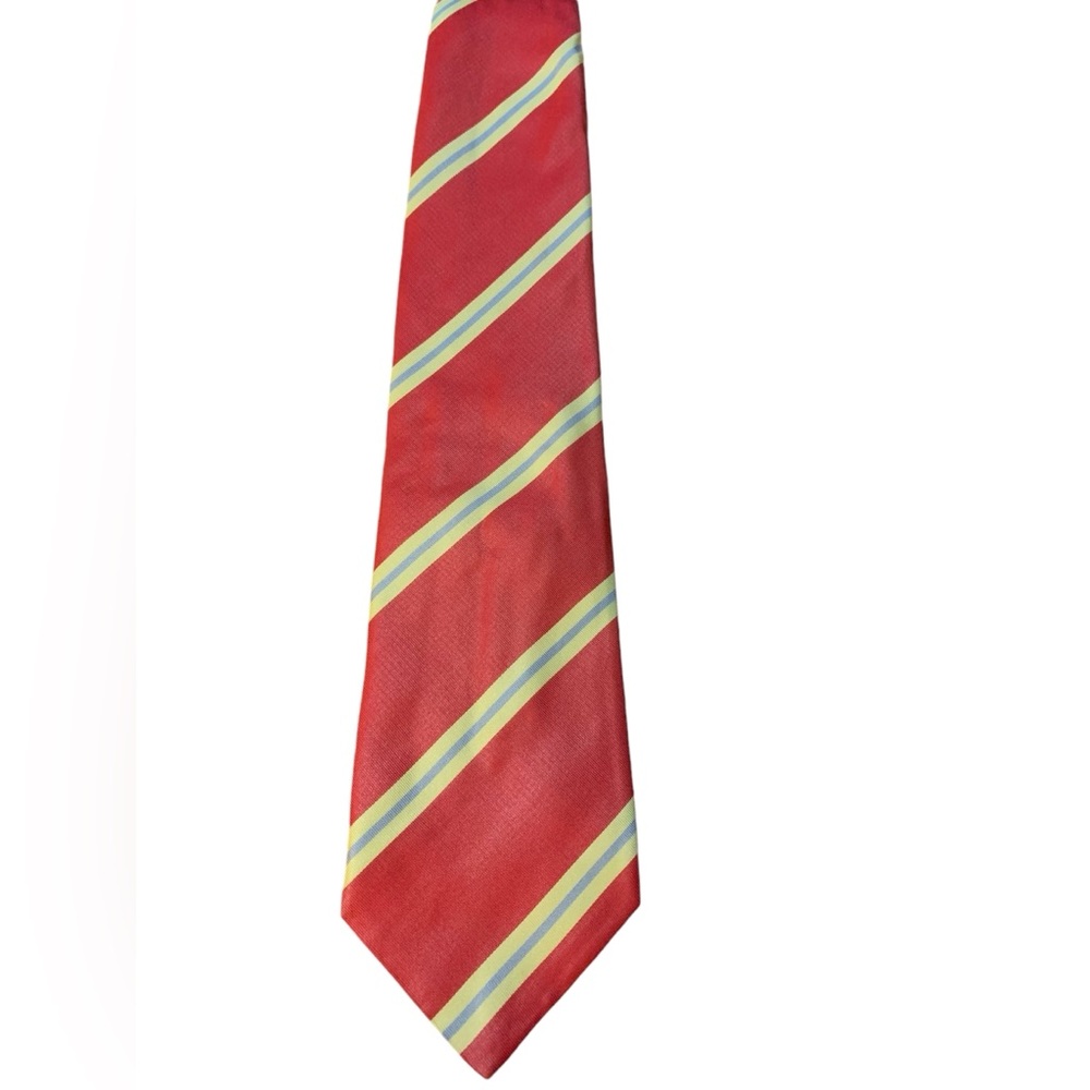 DeSantis collection 100% silk tie. Red w/ yellow and gray diagonal stripes. EUC